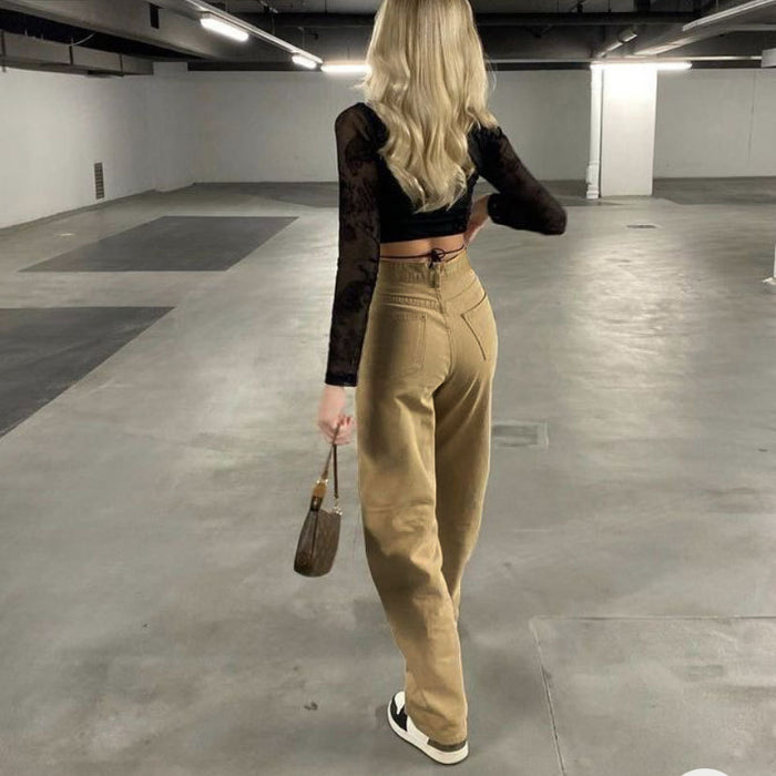 Street Hipster Retro Casual Straight Pants Khaki Baggy Pants High Waist Wide Leg Pants Jeans