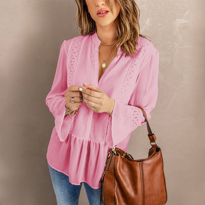 Spring Solid Color V-neck Chiffon Shirt Women Long Sleeve Loose Lace Shirt