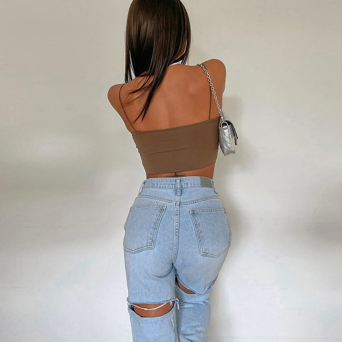 Spring Simple Casual All Match Slim Fit Sexy Ripped Jeans for Women