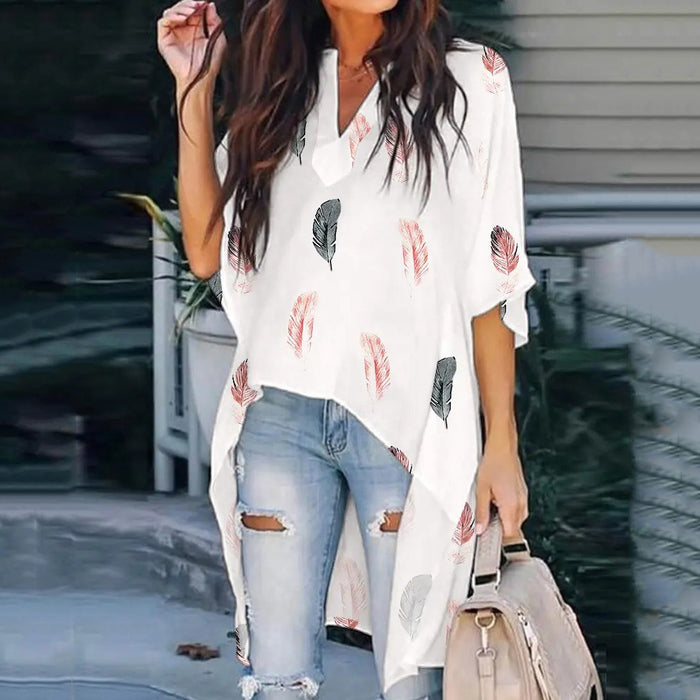 Summer Women Clothing Printed V-neck Batwing Sleeve Casual Irregular Asymmetric Shirt