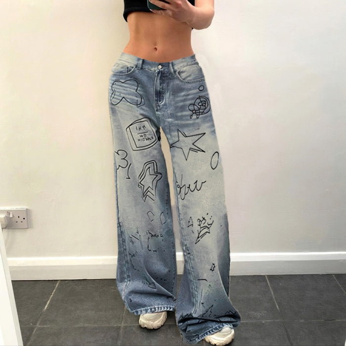 Street Graffiti Washed Blue High Waist Jeans Hip Hop Sexy Loose Mopping Straight Leg Overalls