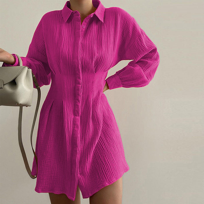 Waist Trimming Shirt Dress  Elegant Pleated Long Sleeve Drape Cotton A- line