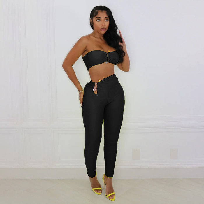 Summer Women Clothing Solid Color Cropped Tube Top Sexy High Waist Tight Hip Lifting Trousers Set for Women