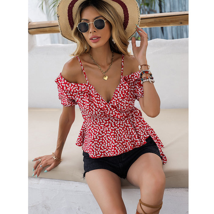 Real Shot Women Clothing Slim-Fit Slimming Printed Red Top for Women