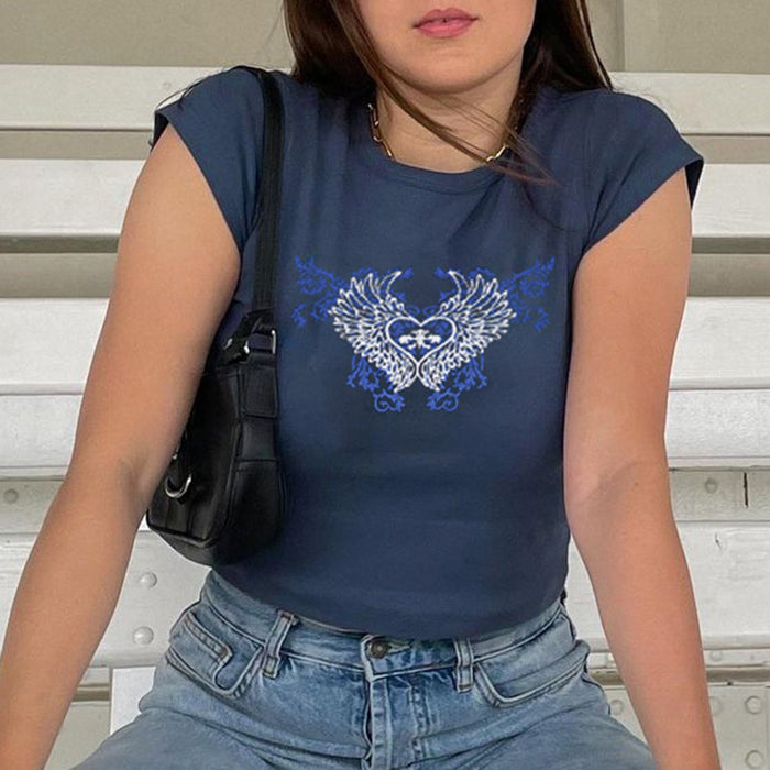 Printed Short Sleeved T shirt for Women Summer Heart Wings Pattern Crop Top Bottoming round Neck Short Top