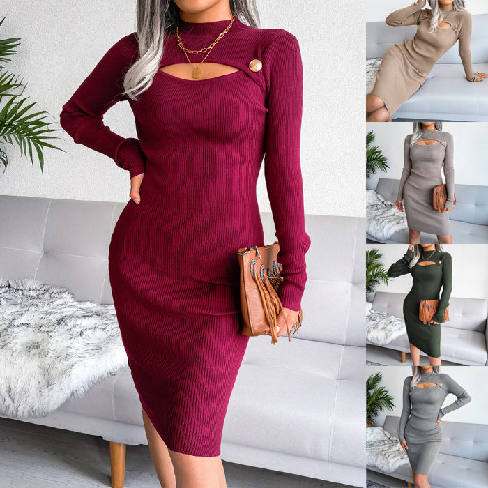 Autumn Winter Sexy Hollow Out Cutout Hip Knitted Dress Women Clothing