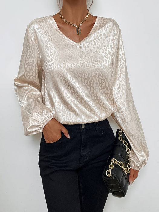 Spring V-neck Pullover Leopard-Print Shirt Women Artificial Silk Jacquard Long-Sleeved Shirt