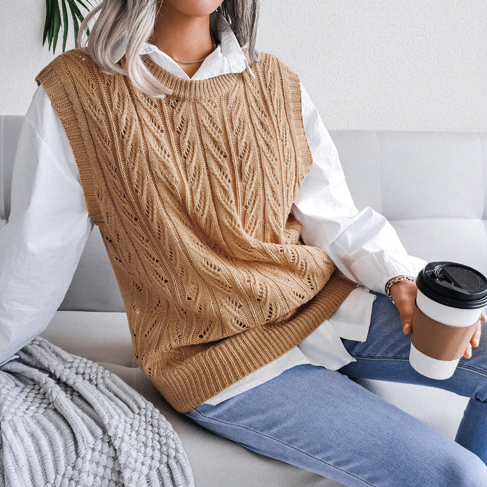 Autumn Winter round Neck Hollow Out Cutout Leaves Casual Knitted Vest Sweater Women Clothing