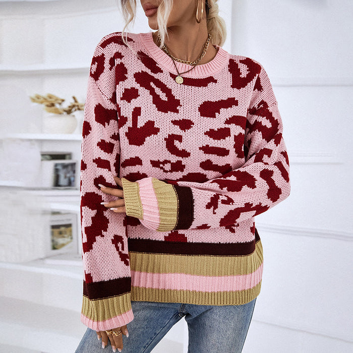 Autumn Winter Round Neck Pullover Sweater Leopard Jacquard Sweater Women