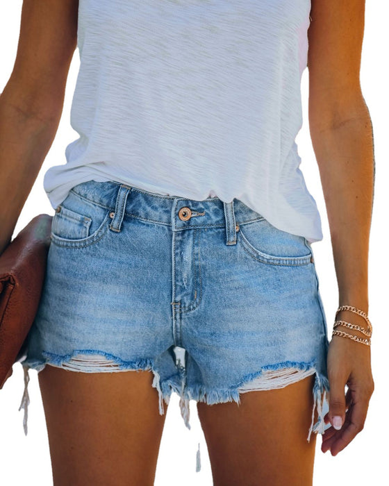 Summer Graceful Fashionable Ripped Metal Buckle Tassel Denim Shorts for Women