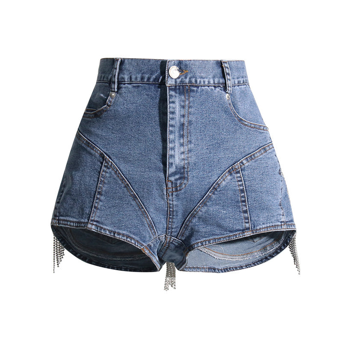 Summer Heavy Industry Chain Waterfall Tassels Slim Fit Sexy Big Long Leg Denim Shorts High Waist Straight Pants