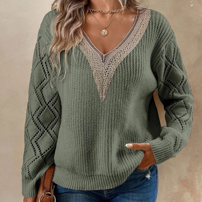 Spring Autumn V neck Sweater Loose Casual Pullover Women Knitwear