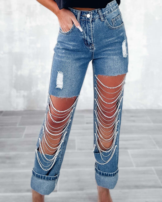 Early Spring Big Ripped Jeans Women Chain Ornaments Straight Leg Pants