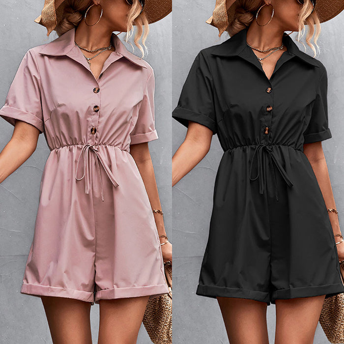 Spring Summer Popular Shirt Collar Short Sleeve Lace-up  Romper