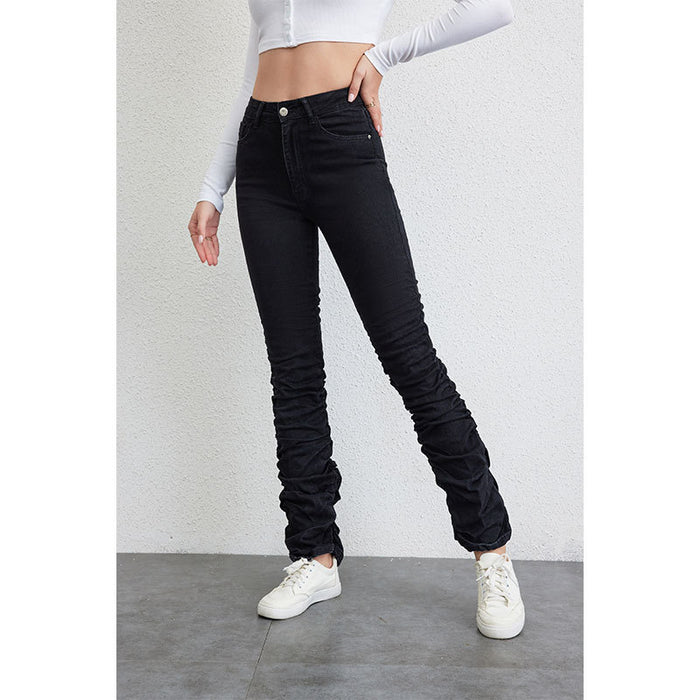 High Waist Tight Denim Slimming Women Jeans Street Denim Pleated Retro