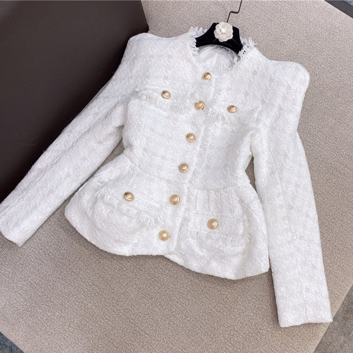 Autumn Winter Chanel-Style White Shiner Tweed Coat Jacket Shorts Suit Two-Piece Set