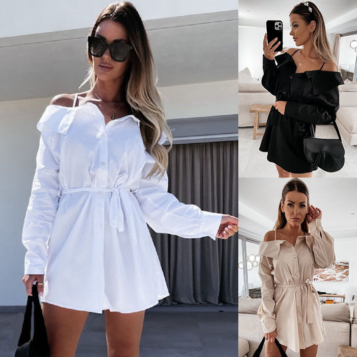 autumn New Step-in  Solid Color Strap Button Shirt Dress