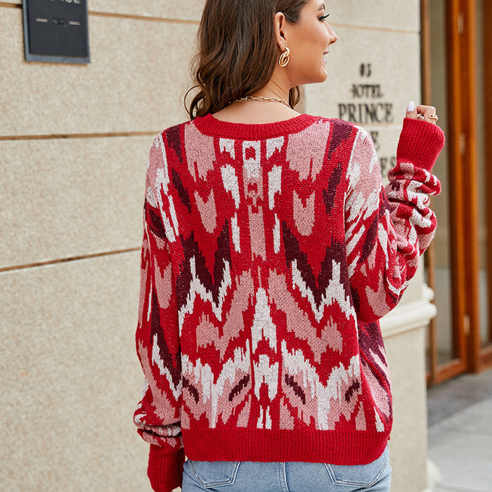 Retro Painted Autumn Winter Pullover Sweater Contrast Color Jacquard Loose Fitting Long Sleeve Sweater for Women