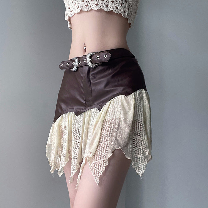 One Piece Leather Stitching Irregular Asymmetric Lace Skirt Street Tassel Sexy Skirt