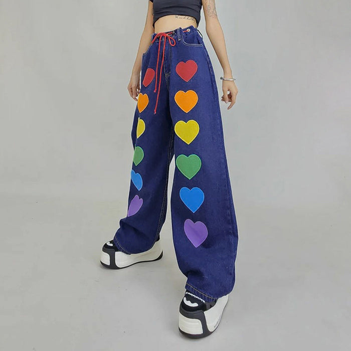 Station Rainbow Color Love Element Waist Tight Design Lace up Jeans Fashionable Loose Casual Straight Pants