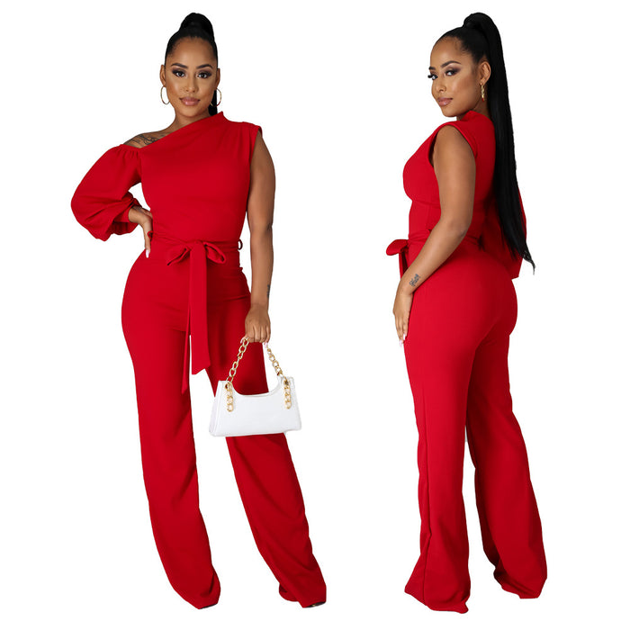 Women Wear  Solid Color One-Shoulder Women  Wide Leg  Women Jumpsuit