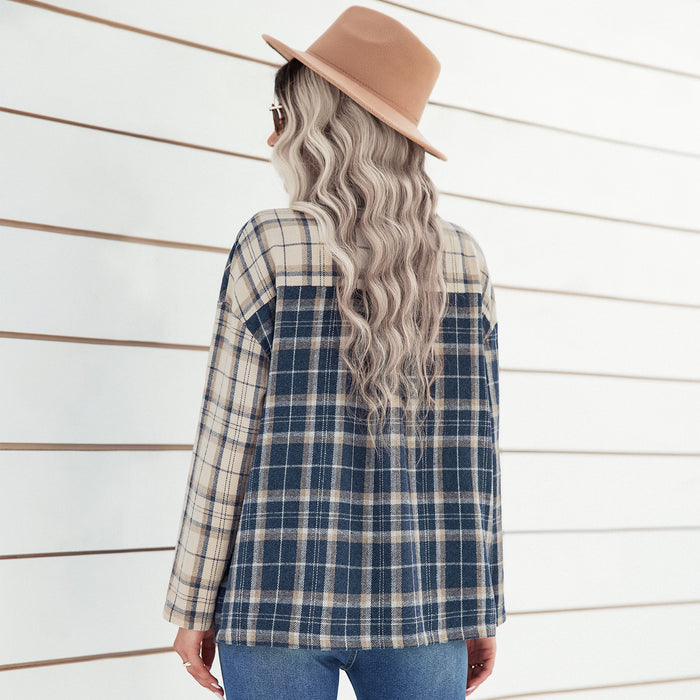 Early Autumn Polo Collar Plaid Top Women Clothing Long Sleeve Cardigan Loose Shirt