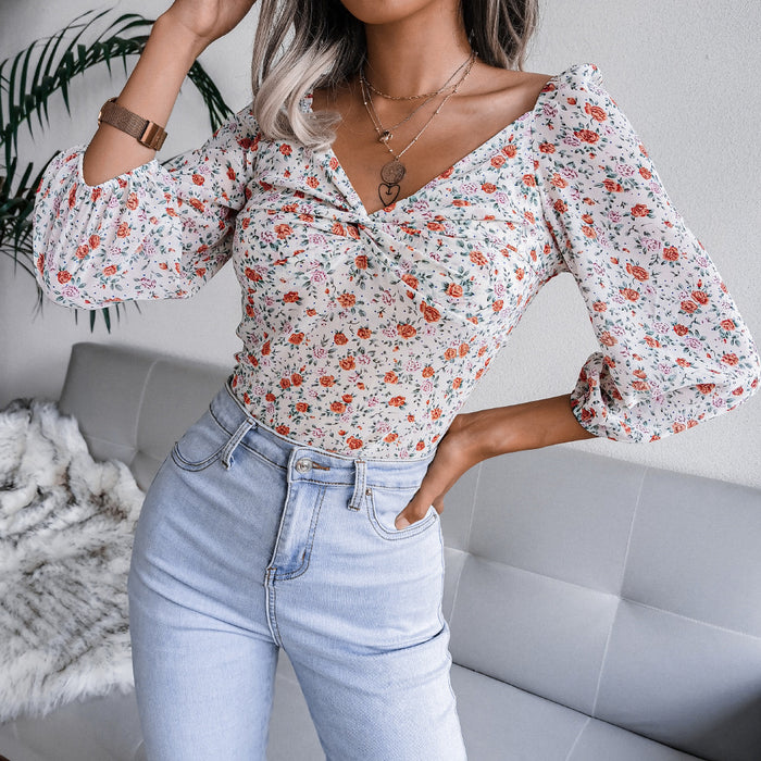 Autumn Winter Sexy V-neck Knotted Floral Chiffon Shirt Top Women Clothing