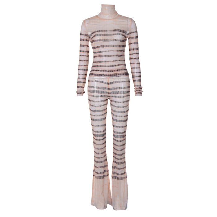 Sexy Stripes Turtleneck Slimming Long Sleeve Top Slim Long Bell Bottom Pants Set Women