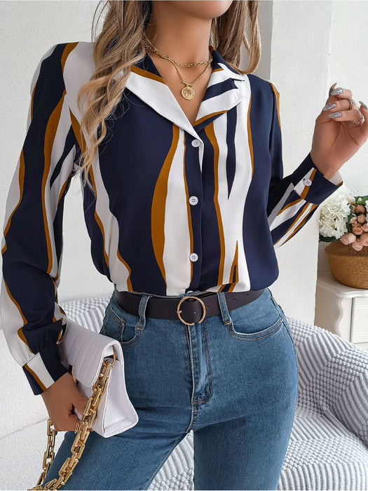 Autumn Winter Casual Contrast Color Striped Suit Collar Long Sleeve Shirt Women