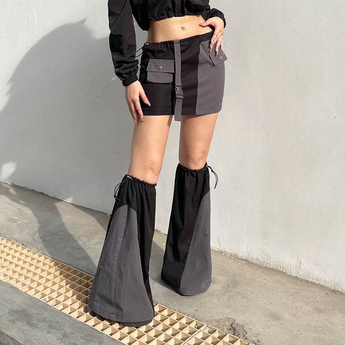 Mechanical Street Workwear Cool Pocket Stitching Skirt Personality Trendy Sexy Contrast Color Drawstring Leg Warmer Set