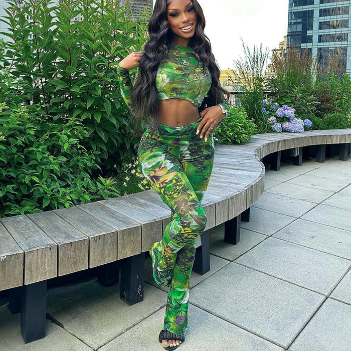 Printed Two Piece sets Autumn round Neck Long Sleeve Bell Bottom Pants Tight Casual sets for Women