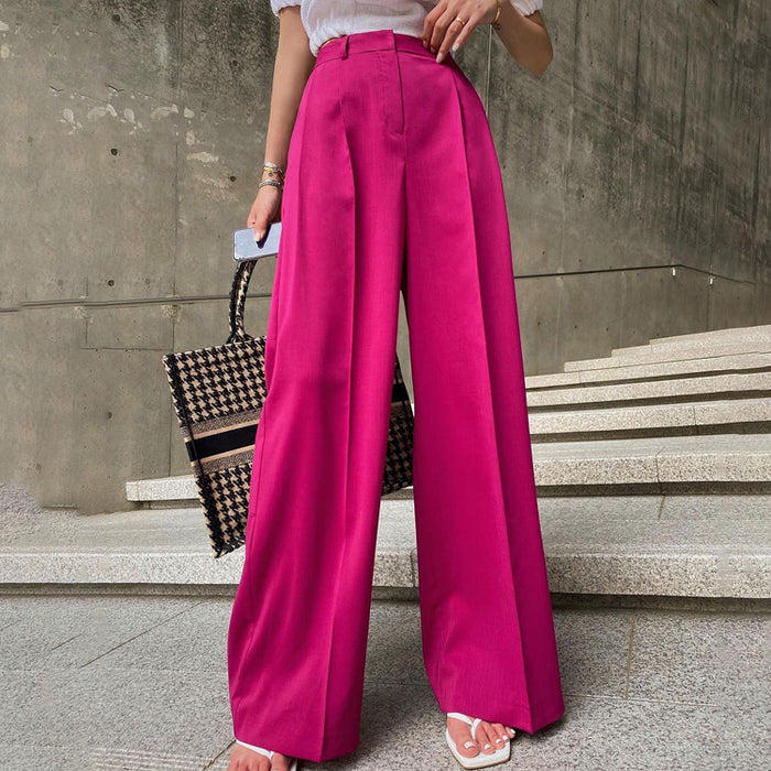 Spring Summer Pink Casual Wide-Leg Pants Women High Waist Drooping Straight Loose Trousers