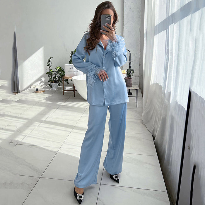 Autumn Feather Pajamas Long Sleeve Trousers Suit Loose Artificial Silk Outerwear Ladie  Homewear