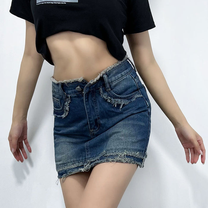 Sexy Raw Edge Denim Skirt Spring Summer High Waist Package Hip All Matching A line Skirt for Women