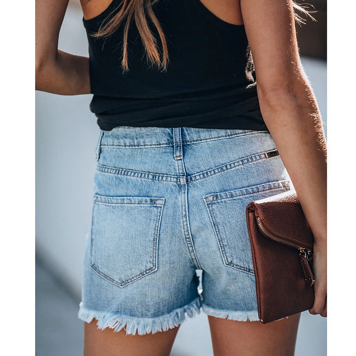 All-Match Classic Raw Hem Ripped Denim Shorts Women