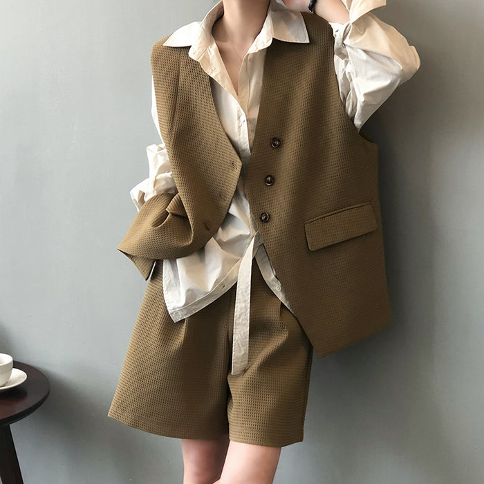 Waffle Set Women  Spring V neck Outerwear Vest Shorts Two Piece Set