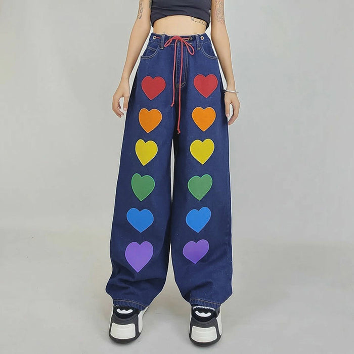 Station Rainbow Color Love Element Waist Tight Design Lace up Jeans Fashionable Loose Casual Straight Pants