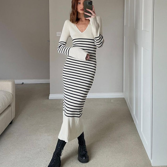 Knitted Dress V Neck Casual Dehaired Angora Covering Yarn Waist Tight Sunken Stripe Slimming Stripes Knitted Dress Women