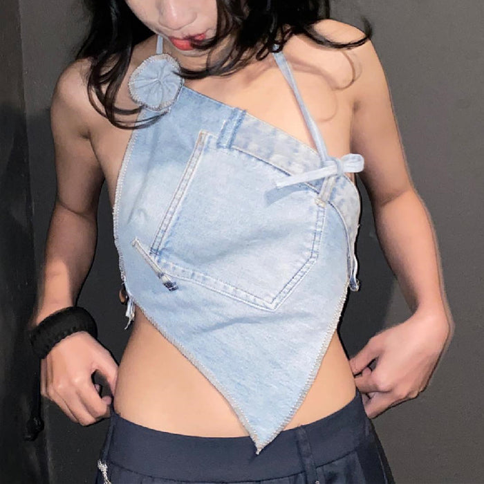 Spring Women Clothing Sexy Halter Stitching Lightly Mature Irregular Asymmetric Denim Vest