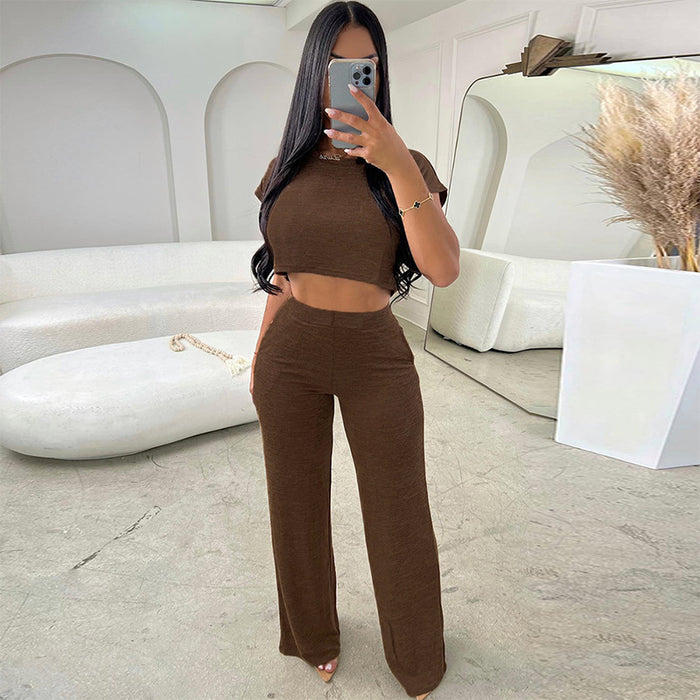 Women Clothing Autumn Loose Fitting Cropped Short Sleeve Top Trousers Casual Set