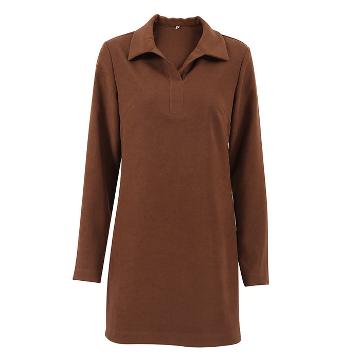 Autumn Winter Polo Collar Dress Basic Khaki Long Sleeve Slim Fit Hip Wrapped Short Dress