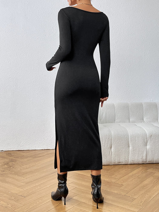 Women Arrival Long Sleeve Split Sexy Deep V Plunge Slim Dress