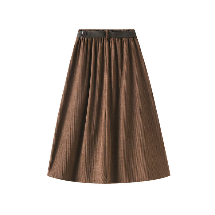 Corduroy Skirt for Women Mid Length High Waist A  line Sheath Skirt Autumn  with Belt