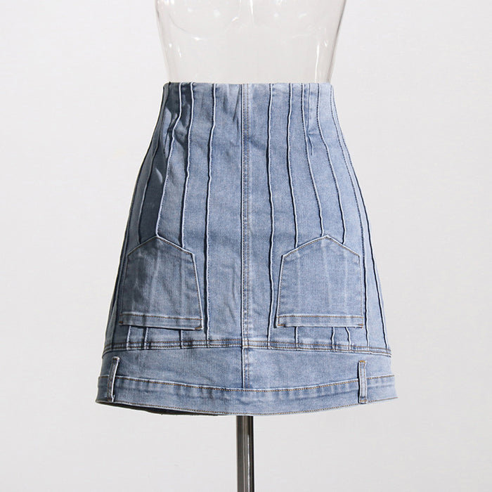 Summer Denim Skirt Abstract Design First Contrast Color High Waist A  line Sheath Skirt Slimming Skirt