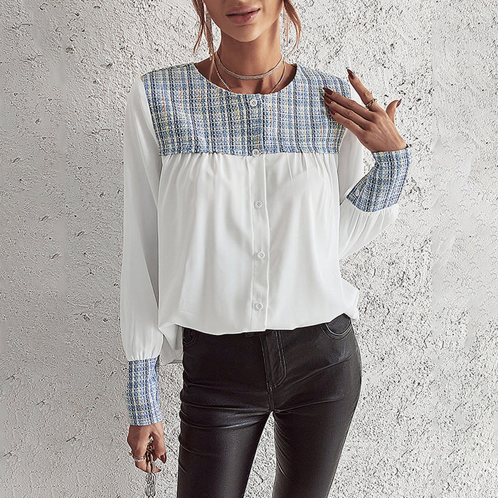 Stitching Shirt Spring Summer Long Sleeved Top Women Clothing