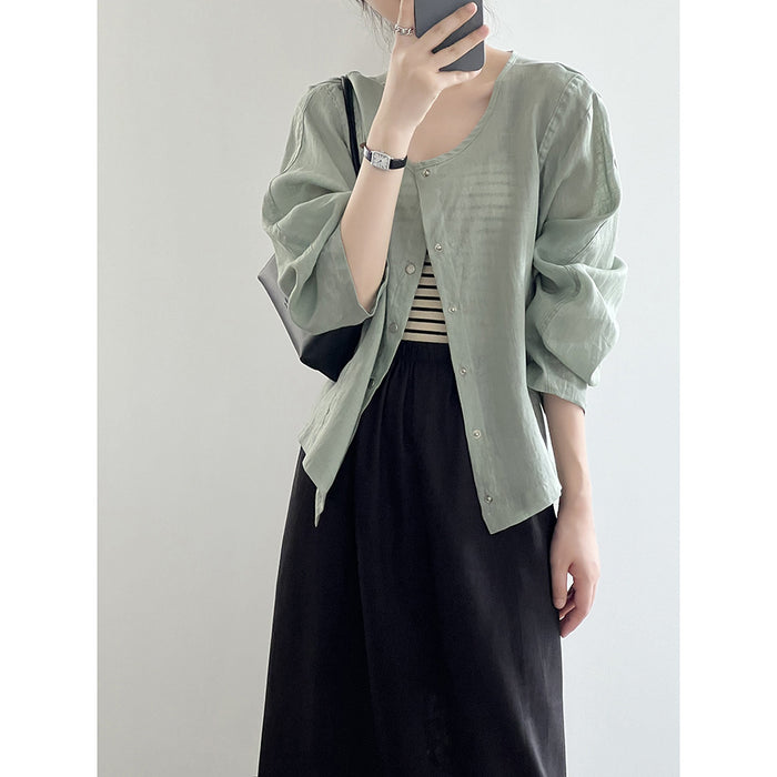 Minimalist Long Sleeve Thin Jacket Coat Autumn Loose Round Neck Single Breasted Top