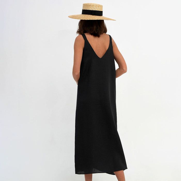 Summer Casual Comfortable Black V neck Backless Slit Sleeveless Dress Maxi Dress for Women