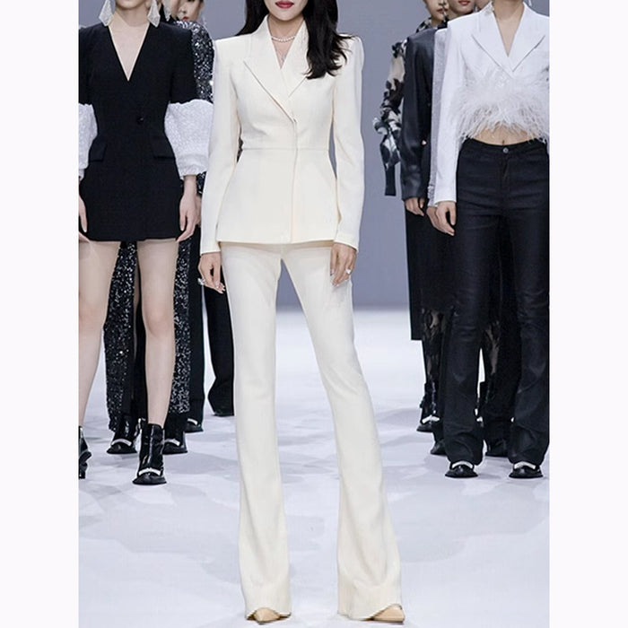 Goods Star Simple Cream Color Hidden Hook Waist Tight Suit Bell Bottom Pants Suit Two Piece Suit