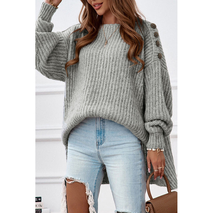 Gray Button Drooping Shoulder Width Loose Sweater Women Casual All Matching Sweater