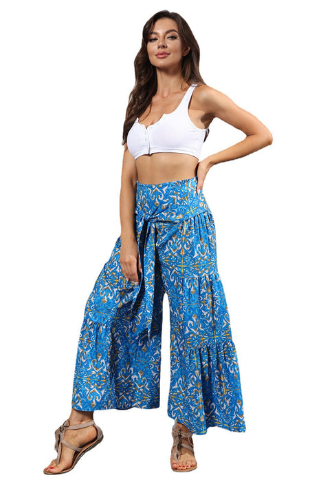 Summer New Digital Printing Women Clothing Loose Casual Cropped Pants Beach Wide-Leg Pants Lace-up Pants